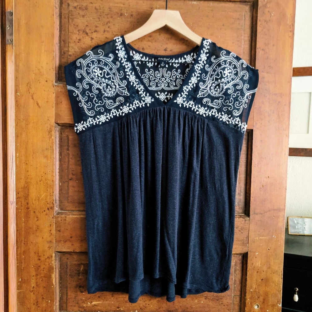 Lucky Boho Embroidered Yoke Navy Silk Babydoll Top